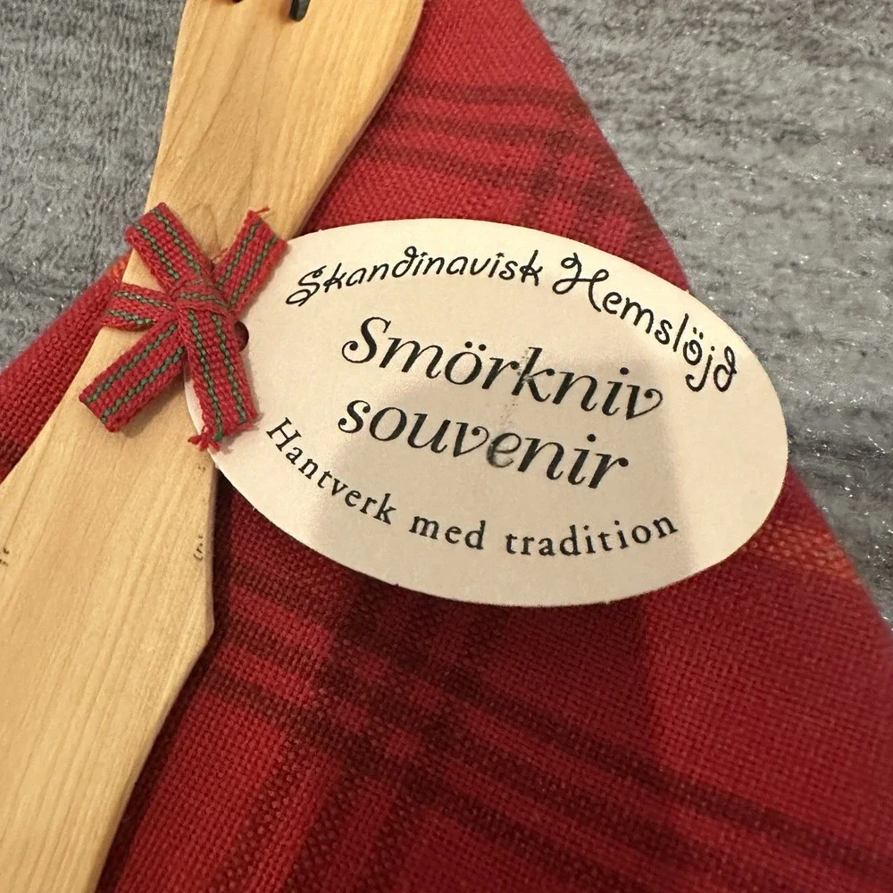 Swedish Wood Butter Knife and Red Towel Set New